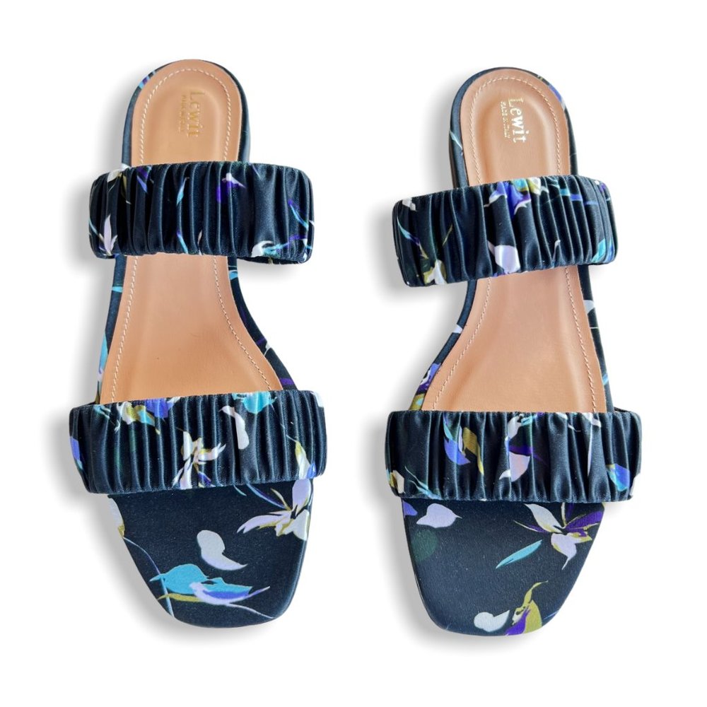 Lewit Elena Ruched Satin Flat Slide Sandal Navy Floral EU 39.5 US 9 - Picture 6 of 10